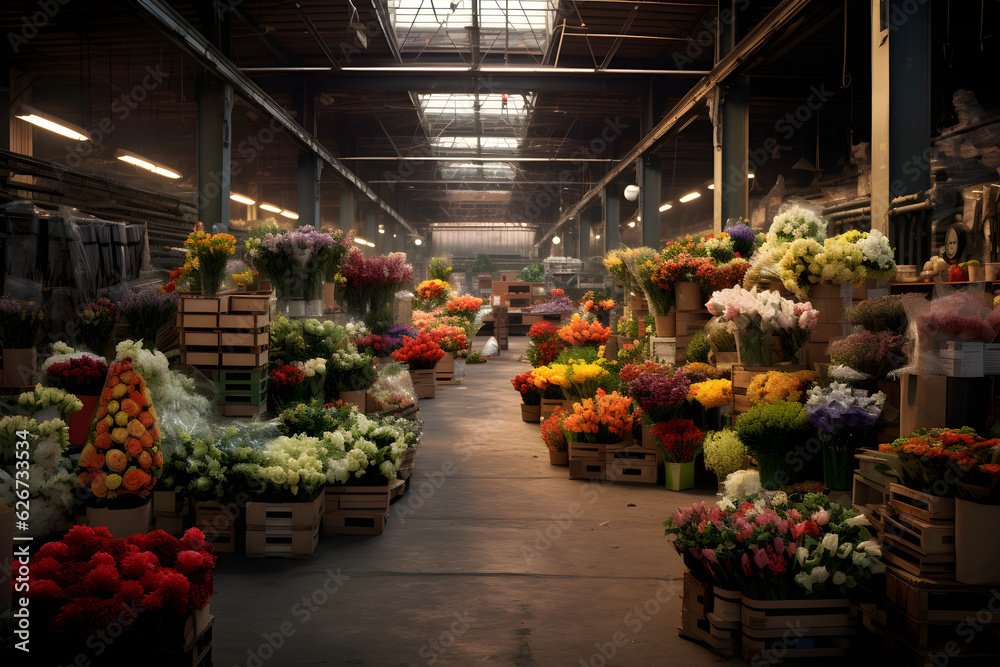 colourful flowers in a flower market warehouse