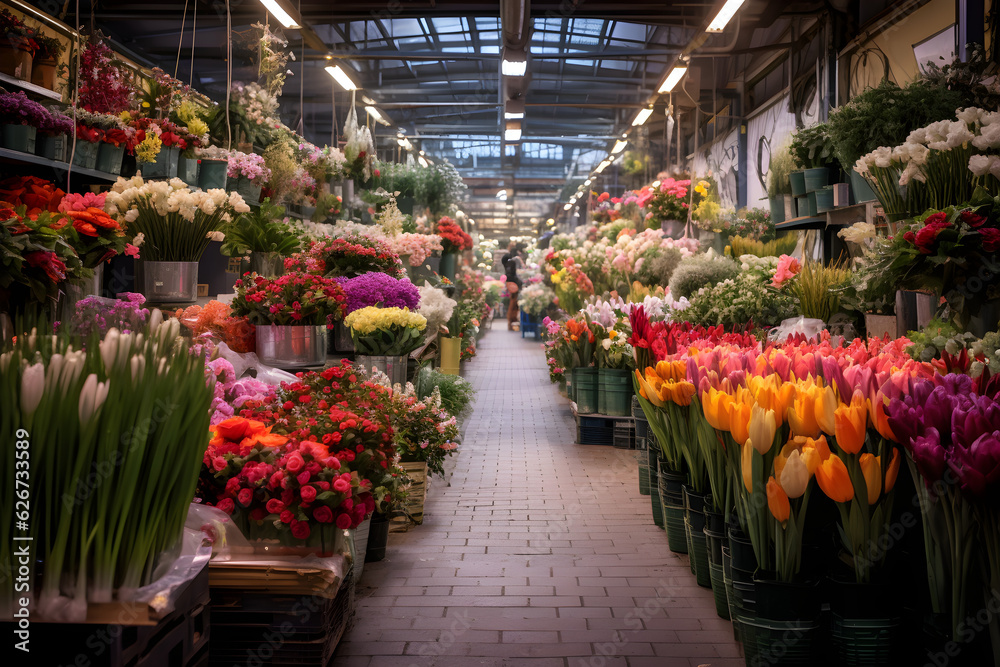 colourful flowers in a flower market warehouse