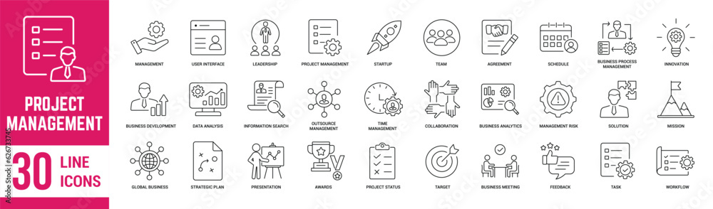 Project Management thin line icons set. Management, leadership, business, planning, agreement, innovation, presentation and mission. Vector illustration Project Management thin line icons set. Management, leadership, business, planning, agreement, innovation, presentation and mission. Vector illustration