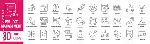 Project Management thin line icons set. Management, leadership, business, planning, agreement, innovation, presentation and mission. Vector illustration