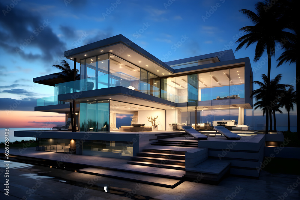 modern luxury house on the beach at night modern luxury house on the beach at night
