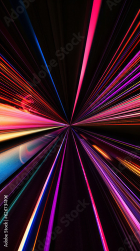Ai artwork of abstract neon background. Fluorescent lines glowing in the dark dynamic. Neon tunnel. Generative ai.