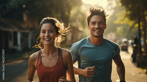 smile of couple in park. jogging running, exercise morning background. AI Generated.