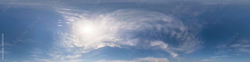 Blue summer sky panorama with light Cirrus clouds. HDR 360 seamless spherical panorama. Full zenith or sky dome for 3D visualization, sky replacement for aerial drone panoramas. Blue summer sky panorama with light Cirrus clouds. HDR 360 seamless spherical panorama. Full zenith or sky dome for 3D visualization, sky replacement for aerial drone panoramas.