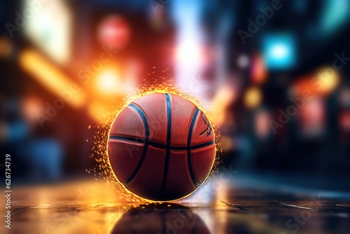 Fiery sparkling sports game ball on the floor, bokeh lights of the night city