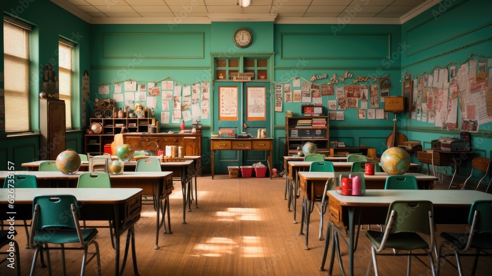 School classroom New school bag on a student's desk in the classroom Big yellow canvas backpack placed on the table in a large modern schoolroom with a chalkboard. Back to school concept AI generative
