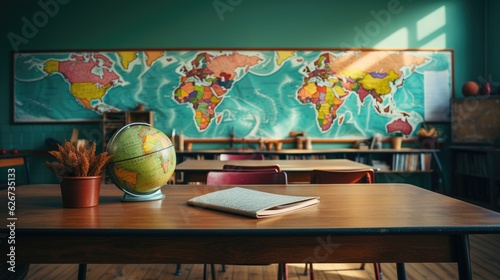 School classroom New school bag on a student's desk in the classroom Big yellow canvas backpack placed on the table in a large modern schoolroom with a chalkboard. Back to school concept AI generative