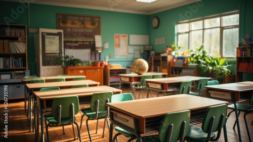 School classroom New school bag on a student s desk in the classroom Big yellow canvas backpack placed on the table in a large modern schoolroom with a chalkboard. Back to school concept AI generative