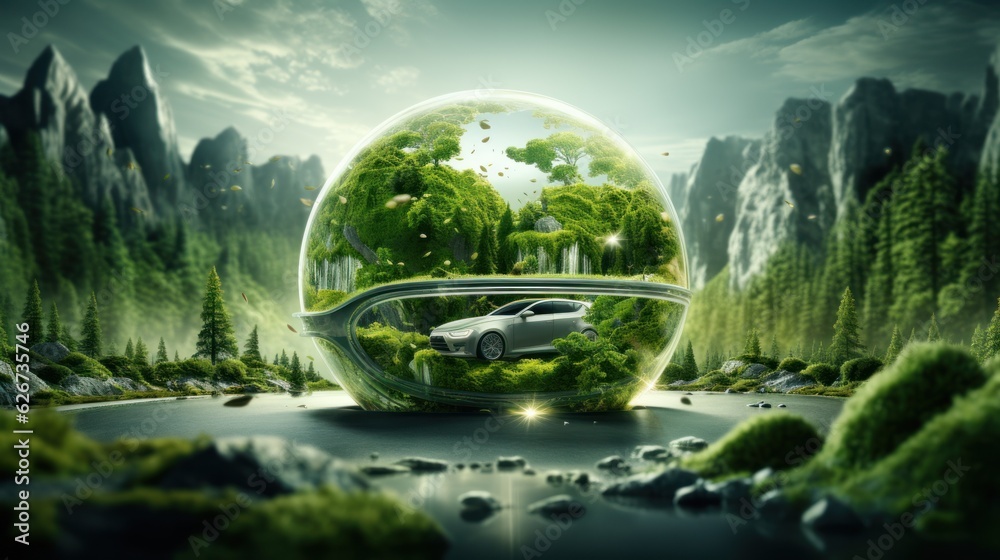 Eco car on a forest road with earth planet through the forest, healthy environment road trip, an eco-car with nature, electric car and electric EV of the earth for the environment. Eco car on a forest road with earth planet through the forest, healthy environment road trip, an eco-car with nature, electric car and electric EV of the earth for the environment.