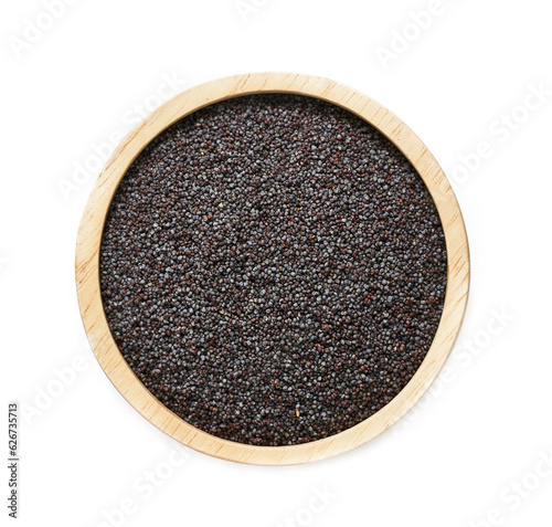 Fényképezés top view flat lay overhead black poppy seed in wood bowl isolated on white background