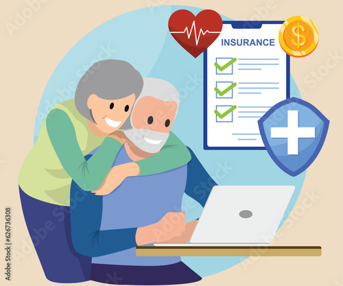 Happy senior couple select insurance protect health and life form computer
