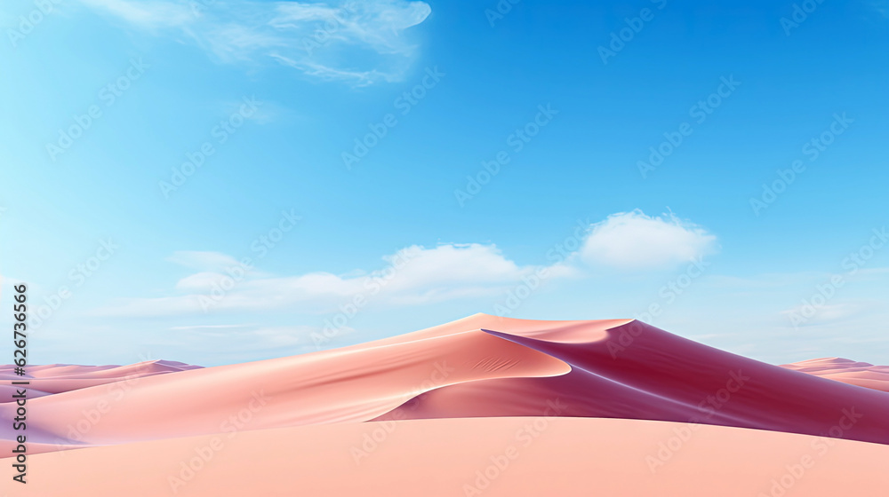 Desert Dune cliff sand landscape with clean blue sky. Minimal Desert natural background. Scene of Dry land Sand, dusty road without the end point, with Generative Ai.