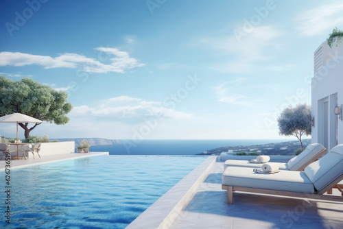 White Mediterranean Modern and luxury Hotel lounge building architecture design concept, summer villa house residence and private with swimming pool and sea view, resort, with Generative Ai. © TANATPON