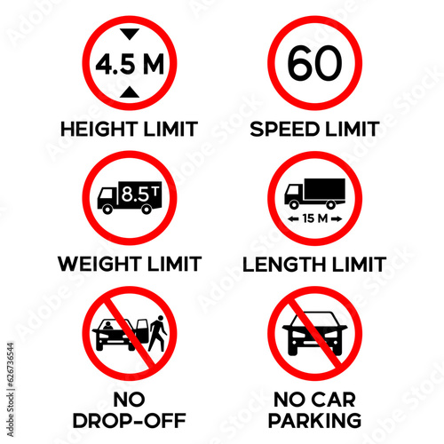 Illustration sets of International traffic signs such as height limit signs, speed limit signs, weight limit signs, length limit signs, no drop off signs, no car parking