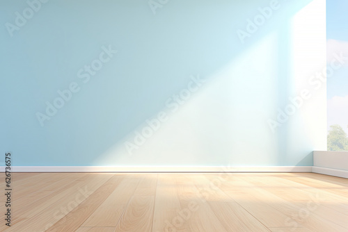 Minimal interior empty room with blank wall and floor with natural sun light cast shadow of window, cozy tone style background, copy space for mock-up, with Generative Ai.
