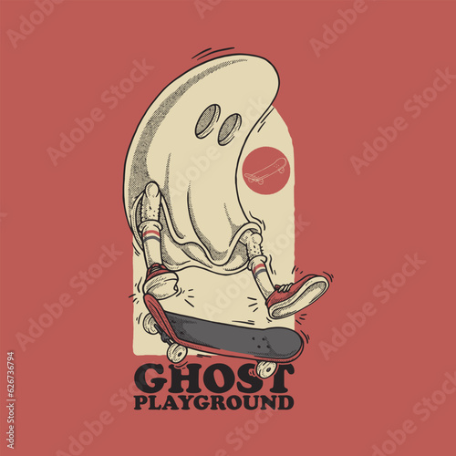 retro cartoon emblem of skater ghost 