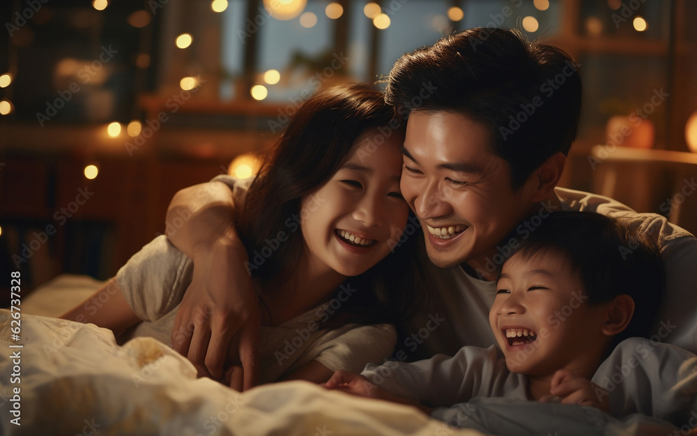 Happy Asian family using tablet, relaxing at home for lifestyle concept. AI Generated Image
