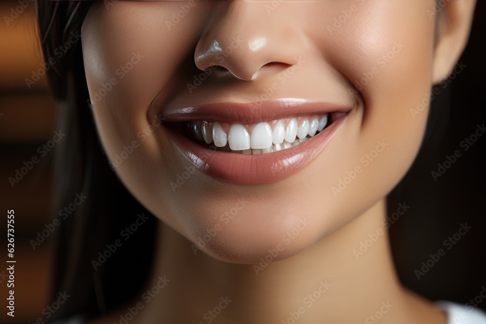 Fototapeta premium Happy young woman smiling with beautiful teeth. Generative Ai