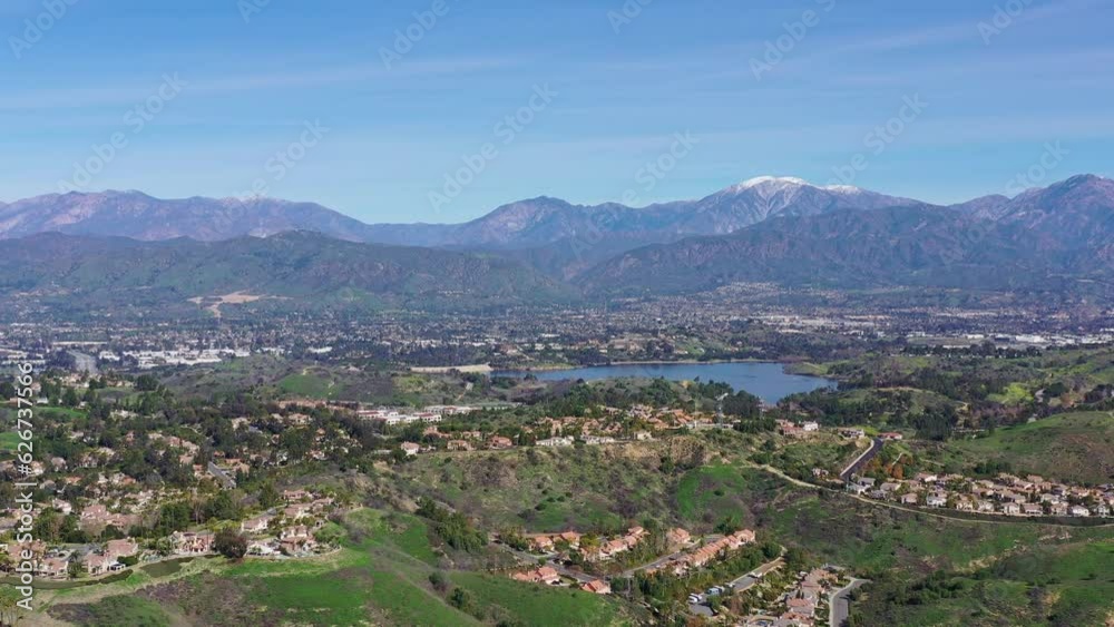Aerial view of the Puddingstone Reservoir with Los Angeles area cityscape Aerial view of the Puddingstone Reservoir with Los Angeles area cityscape
