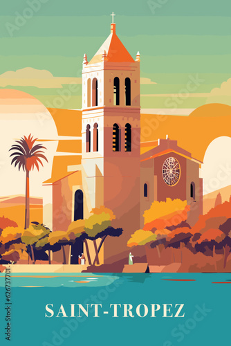 France Saint Tropez retro city poster with abstract shapes of landmarks, buildings and seaside. Vintage travel vector illustration Côte d'Azur photo