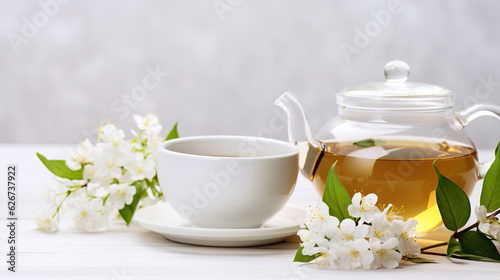 White cup of green tea with jasmine flowers on white wooden table with copy space