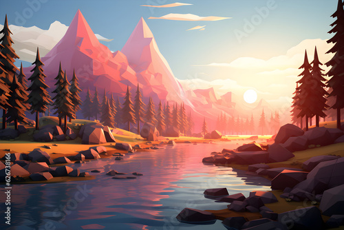 Low Poly Illustration of a beautiful sunset landscape with river trees and mountains - Geometric Art 