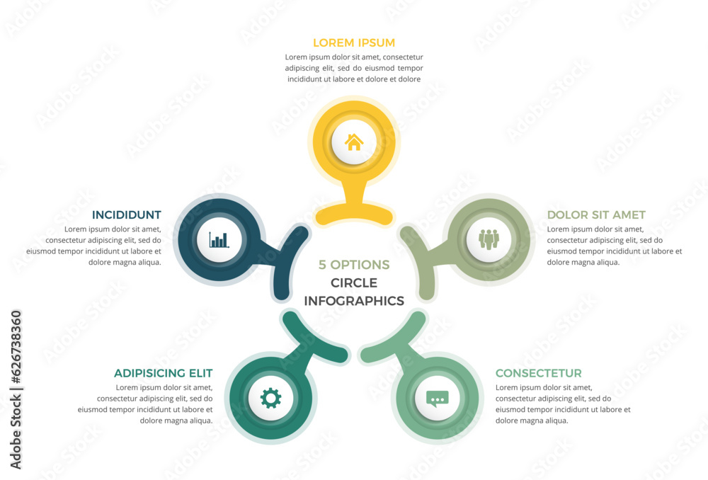 Circle infographics diagram template with five steps or options, vector eps10 illustration Circle infographics diagram template with five steps or options, vector eps10 illustration