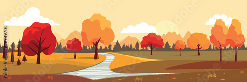 Autumn long banner. Nature fall landscape. Peaceful scenery of natural countryside with sunrise for fall season background. Vector illustration.