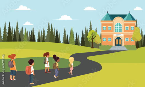 Back view of little boy and girl students with backpacks walking going to school. Vector illustration.