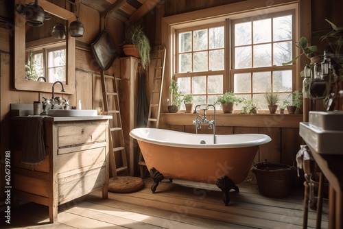 Rustic interior design of modern bathroom with wooden wall and bathtub decorated with solid wood slab. Generative AI