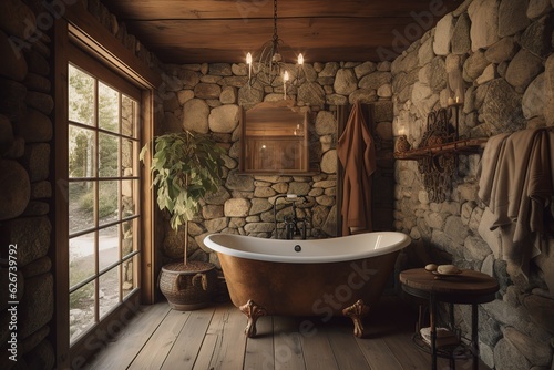 Rustic interior design of modern bathroom with wooden wall and bathtub decorated with solid wood slab. Generative AI