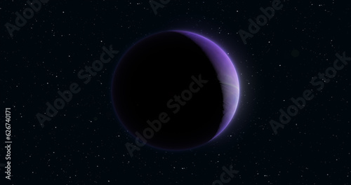 Abstract realistic planet purple hi-tech luminous round sphere in space against the background of stars