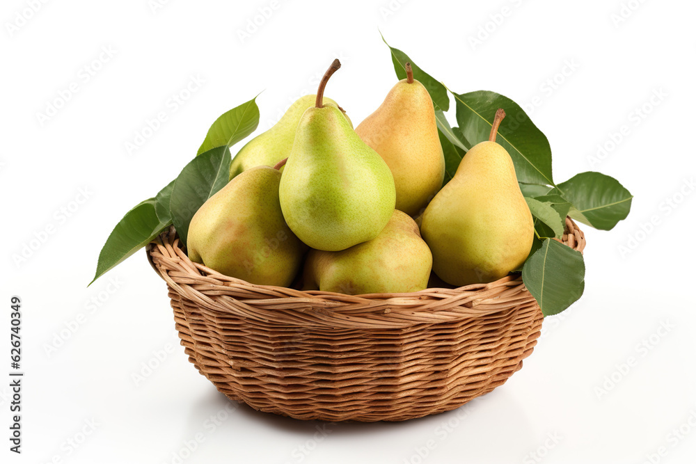 A realistic portrait of pears in a basket white background, isolated PNG