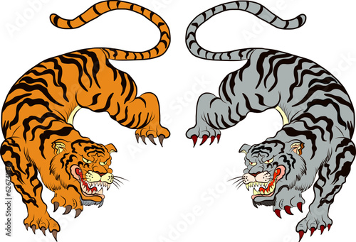 Tiger vector illustration isolate on white background.sticker tattoo design.Japanese and Chinese tiger illustration.Hand drawn.Traditional Japanese culture for printing on background.