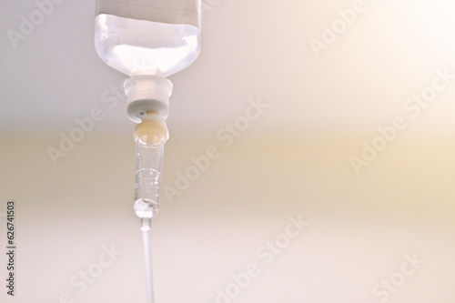 close up set saline IV bag infusion drip for patient in hospital, copy space for text, life insurance business, world health day, medical and healthcare technology, global pandemic crisis problem