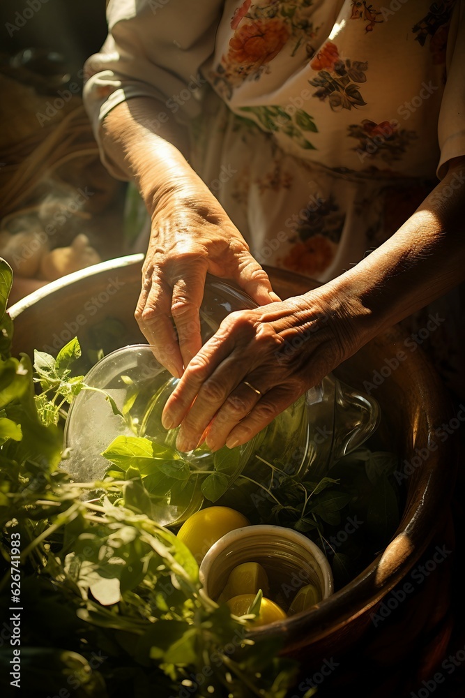 grandma washes herbs, top view, sunlight, photo-realistic, professional food photography, sharp focus,