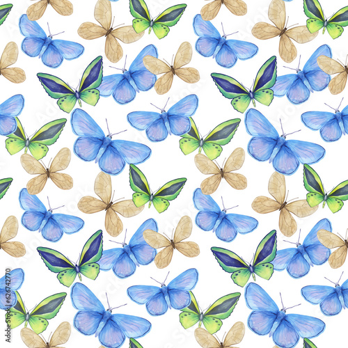 Watercolor seamless pattern with blue and green butterflies on white background.