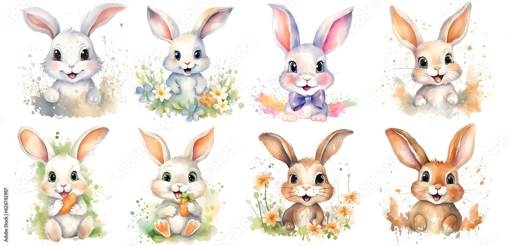 set of cute rabbits with flowers, isolated on Background, PNG, generated ai