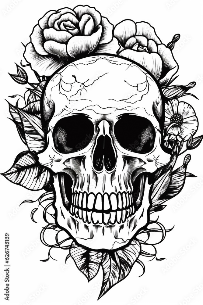 Fototapeta premium Black and white skull candy tattoo line. Generative ai.