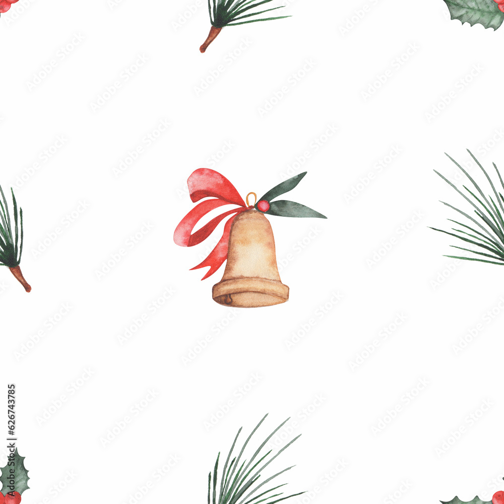 watercolor seamless christmas pattern with pine, fir branches, and red berries and bell. perfect pattern for christmas, new year. The pattern is used for textiles, tablecloths, table napkins, towels