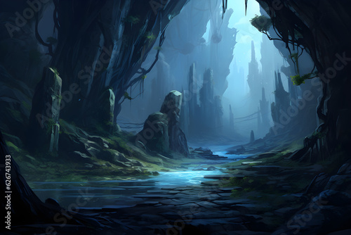river in the mountains canyon night environment concept art illustration