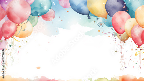 Artistry in celebration Charming watercolor birthday border design with balloons, presents, confetti, and cakes