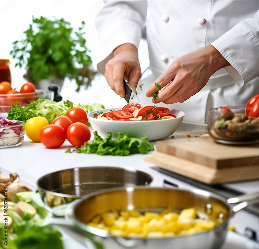 Chef preparing food meal in the kitchen, chef cooking in kitchen , Chef decorating dish closeup Chef preparing food meal in the kitchen, chef cooking in kitchen , Chef decorating dish closeup