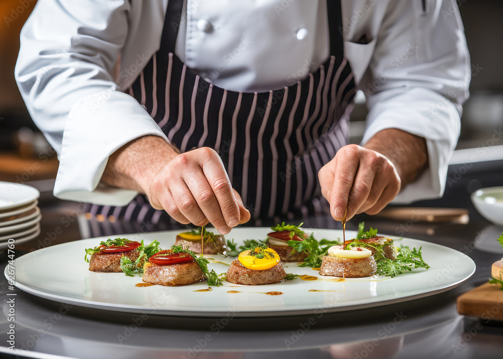 Chef preparing food meal in the kitchen, chef cooking in kitchen , Chef decorating dish closeup Chef preparing food meal in the kitchen, chef cooking in kitchen , Chef decorating dish closeup