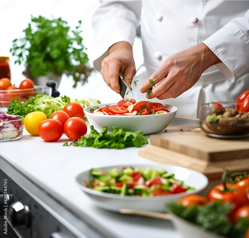 Chef preparing food meal in the kitchen, chef cooking in kitchen , Chef decorating dish closeup Chef preparing food meal in the kitchen, chef cooking in kitchen , Chef decorating dish closeup