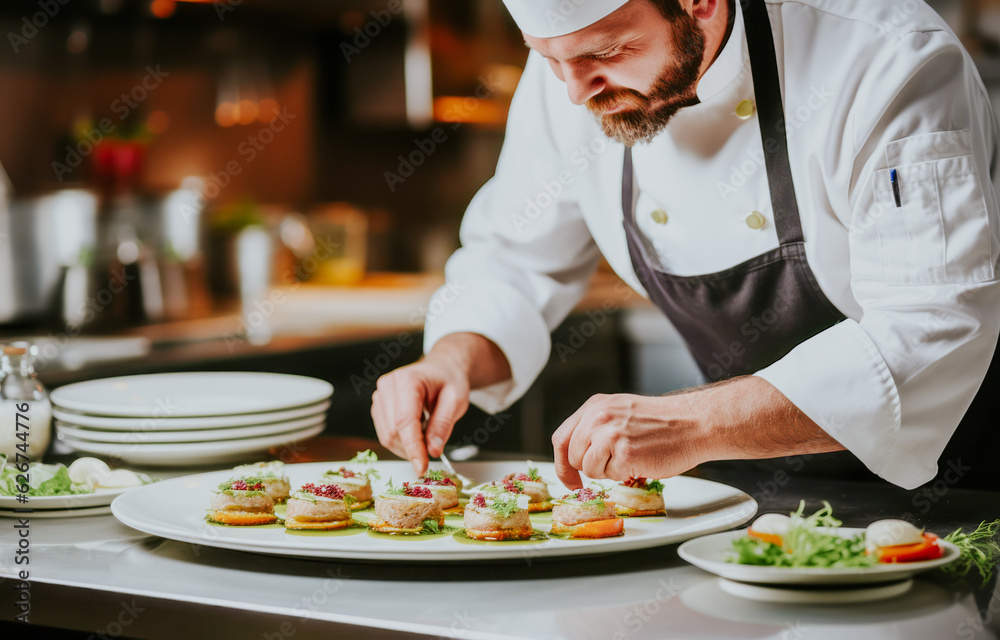 Chef preparing food meal in the kitchen, chef cooking in kitchen , Chef decorating dish closeup Chef preparing food meal in the kitchen, chef cooking in kitchen , Chef decorating dish closeup