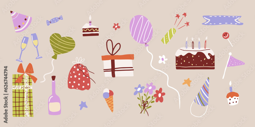 Birthday party decoration elements set. Hand drawn cute festive items, cakes, ribbon, gift boxes, balloons, hats, flowers. Isolated flat vector illustrations