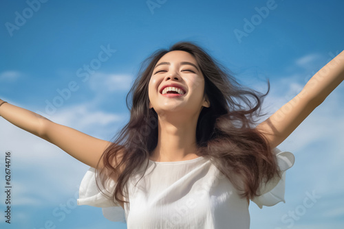 Asian girl captures the essence of wanderlust as she poses with joy and smiles against the stunning blue sky and softly blurred beach sea during her travel. generative AI.