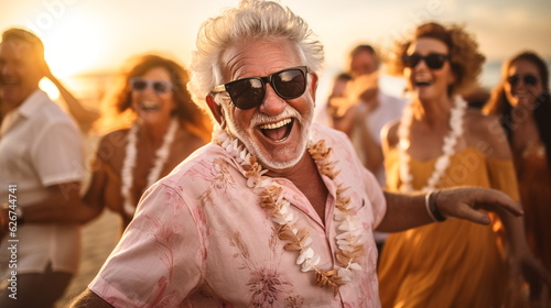 Illustration of happy senior man in sunglasses with friends on the background. AI generated Illustration