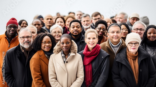 Illustration of Group of diverse people standing together in a row and looking at camera. AI generated Illustration